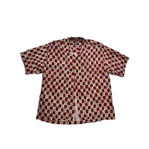 Que shirt men’s large short sleeve button up red white palm tree sailboat print